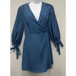 Topshop Mini Dress Size  6 Blue Wrap Dress Belted 3/4 Sleeves